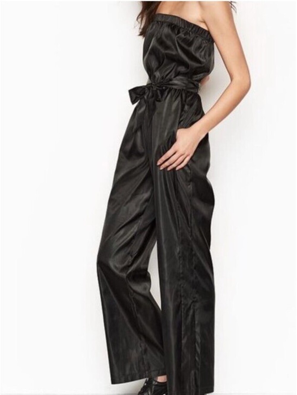 Victoria’s Secret Satin Strapless Jumpsuit Size M Black Silky EUC Waist Belt